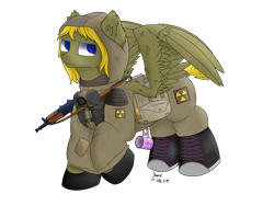 Size: 4000x3000 | Tagged: safe, artist:donnik, imported from derpibooru, oc, oc only, oc:donnik, pegasus, pony, ak-47, aks-74u, assault rifle, clothes, cup, cutie mark, gun, radioactive, rifle, s.t.a.l.k.e.r., scar, solo, spread wings, stalker, weapon, wings