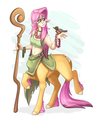 Size: 1024x1254 | Tagged: safe, artist:luximus17, imported from derpibooru, fluttershy, bird, centaur, human, taur, belly button, bracelet, centaurified, centaurshy, druid, dungeons and dragons, female, humanized, jewelry, lei, mare, pen and paper rpg, rpg, simple background, solo, species swap, staff, white background
