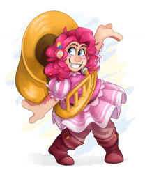 Size: 1024x1228 | Tagged: safe, artist:luximus17, imported from derpibooru, pinkie pie, dwarf, human, equestria girls, bard, bard pie, boots, clothes, dress, dwarfified, fantasy class, female, high heel boots, humanized, musical instrument, rubber boots, shoes, simple background, solo, tuba, white background