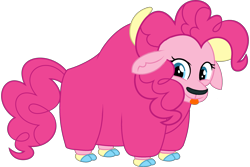 Size: 2512x1681 | Tagged: safe, artist:supersamyoshi, imported from derpibooru, pinkie pie, yak, cloven hooves, female, looking at you, not salmon, pinkie yak, simple background, solo, species swap, tongue out, transparent background, wat, yakified