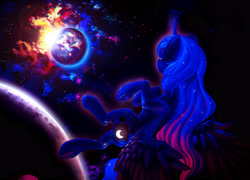 Size: 3937x2829 | Tagged: safe, artist:itssim, imported from derpibooru, princess luna, alicorn, pony, chromatic aberration, earth, glowing, high res, moon, solo, space