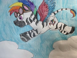 Size: 4032x3024 | Tagged: safe, imported from derpibooru, oc, oc only, human, hybrid, pegasus, zebra, cloud, flying, goggles, original character do not steal, sky, solo, traditional art