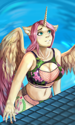 Size: 2894x4829 | Tagged: safe, artist:liseyly, imported from derpibooru, oc, oc only, oc:princess fluttershy, alicorn, anthro, alicorn oc, alicornified, alternate character design, alternate cutie mark, alternate design, alternate hairstyle, alternate universe, au:friendship is kindness, bikini, clothes, commission, horn, multicolored nails, race swap, smiling, solo, story included, swimming pool, swimsuit, tiled floor, two toned wings, water, wet, wet fur, wet mane, wet wings, wings, ych result