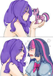 Size: 750x1065 | Tagged: source needed, safe, artist:jiuying409, imported from derpibooru, rarity, twilight sparkle, alicorn, pony, equestria girls, blushing, exclamation point, eye clipping through hair, eyes closed, female, holding a pony, human coloration, lesbian, open mouth, rarilight, shipping, transformation