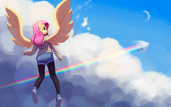 Size: 2000x1247 | Tagged: safe, artist:mrscroup, imported from derpibooru, fluttershy, rainbow dash, anthro, pegasus, plantigrade anthro, clothes, cloud, crescent moon, duo, flying, jeans, leggings, moon, pants, rainbow trail, shockwave, shoes, shorts, sky, sneakers, sonic rainboom, sound barrier, speed trail, tights, vapor cone, winged anthro