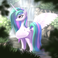 Size: 2560x2560 | Tagged: safe, artist:cherrymocaccino, artist:zuko42, imported from derpibooru, princess celestia, alicorn, pony, bush, butt, dock, ear fluff, female, forest, grass, high res, mare, plot, pond, scenery, solo, spread wings, sunbutt, water, waterfall, wet, wet mane, wings