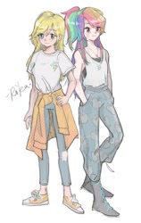 Size: 500x790 | Tagged: source needed, safe, artist:saruko, imported from derpibooru, applejack, rainbow dash, human, appledash, converse, female, height difference, humanized, lesbian, shipping, shoes