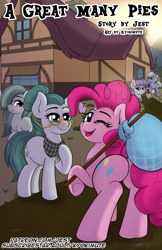 Size: 2310x3570 | Tagged: safe, artist:kyokimute, imported from derpibooru, cloudy quartz, limestone pie, marble pie, maud pie, pinkie pie, earth pony, pony, comic:a great many pies, bindle, blushing, chapter image, comic, cover art, explicit description, explicit source, female, fimfiction, glasses, high res, looking at you, looking back, looking back at you, mare, neckerchief, one eye closed, open mouth, open smile, pie sisters, rock farm, siblings, sisters, smiling, wink