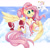 Size: 1600x1539 | Tagged: safe, artist:dstears, imported from derpibooru, angel bunny, fluttershy, pegasus, pony, rabbit, animal, anime, clothes, cloud, cosplay, costume, cute, dress, flying, incubator (species), kyubey, madoka kaname, magical girl, puella magi madoka magica, shyabetes, skirt, sky