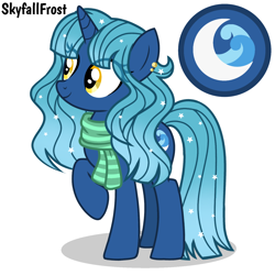 Size: 1448x1448 | Tagged: safe, artist:skyfallfrost, imported from derpibooru, oc, oc only, oc:midnight ocean, pony, unicorn, clothes, female, mare, reference sheet, scarf, simple background, solo, white background