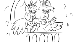 Size: 1366x768 | Tagged: safe, artist:truffle shine, imported from derpibooru, princess flurry heart, oc, oc:grover vi, equestria at war mod, balcony, crown, glasses, jewelry, older, older flurry heart, regalia, sketch