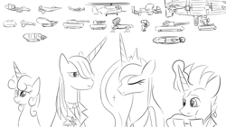 Size: 1920x1080 | Tagged: safe, artist:truffle shine, imported from derpibooru, prince blueblood, princess luna, sweetie belle, oc, oc:magnifying glass (mtr), alicorn, pony, robot, unicorn, command and conquer, glasses, red alert 2, sketch, sweetie bot, tiberian sun