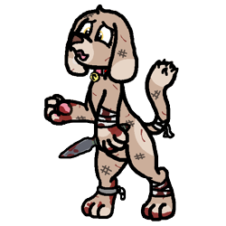 Size: 578x578 | Tagged: safe, alternate version, artist:deathocty, imported from derpibooru, oc, oc only, oc:cinnamon (dog), diamond dog, fallout equestria, bandage, blood, chains, dirty, female, knife, paws, slave, slave collar, solo, throwing knife