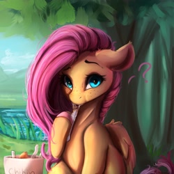 Size: 4000x4000 | Tagged: safe, artist:miokomata, imported from derpibooru, fluttershy, pegasus, pony, cute, eating, female, food, freckles, freckleshy, hoof hold, looking at you, mare, meat, ponies eating meat, shyabetes, solo