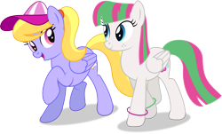 Size: 3886x2343 | Tagged: safe, artist:thatusualguy06, imported from derpibooru, blossomforth, cloud kicker, pegasus, pony, .ai available, alternate versions at source, bracelet, cap, duo, duo female, female, hat, high res, jewelry, looking at each other, mare, ponytail, raised hoof, simple background, transparent background, vector, walking