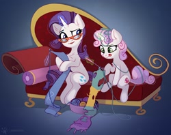 Size: 2614x2074 | Tagged: safe, artist:taneysha, imported from derpibooru, rarity, sweetie belle, earth pony, pony, unicorn, belle sisters, chest fluff, clothes, couch, crochet, cute, diasweetes, female, filly, foal, glasses, glowing horn, high res, hooves, horn, levitation, magic, mare, raribetes, scarf, sewing, siblings, simple background, sisters, solo, telekinesis, tongue out