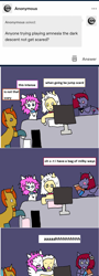 Size: 1112x3080 | Tagged: safe, artist:ask-luciavampire, imported from derpibooru, oc, pegasus, pony, unicorn, ask, ask ponys gamer club, ask-ponys-gamer-club, game, tumblr