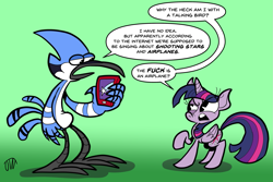 Size: 1575x1050 | Tagged: safe, artist:joeywaggoner, imported from derpibooru, twilight sparkle, alicorn, aeroplanes and meteor showers, crossover, crossover shipping, dialogue, female, male, meme, mordecai, mordetwi, regular show, shipping, straight, swearing, twilight sparkle (alicorn), vulgar