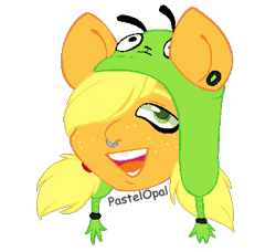 Size: 392x357 | Tagged: safe, artist:pastelopal, artist:seaprincessopal, imported from derpibooru, applejack, earth pony, pony, alternate hairstyle, bust, ear piercing, earring, female, freckles, gir, hair over one eye, hat, invader zim, jewelry, mare, nose piercing, nose ring, open mouth, piercing, scene kid, simple background, solo, transparent background