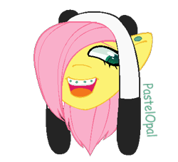 Size: 392x357 | Tagged: safe, artist:pastelopal, artist:seaprincessopal, imported from derpibooru, fluttershy, pegasus, pony, alternate hairstyle, braces, bust, ear piercing, earring, female, hair over one eye, hat, jewelry, mare, open mouth, piercing, scene kid, simple background, solo, transparent background