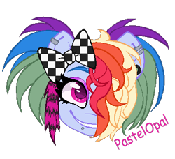 Size: 392x357 | Tagged: safe, artist:pastelopal, artist:seaprincessopal, imported from derpibooru, rainbow dash, pegasus, pony, alternate hairstyle, bow, bust, ear piercing, earring, eyeshadow, female, grin, hair bow, hair over one eye, jewelry, makeup, mare, piercing, scene kid, simple background, smiling, snake bites, solo, transparent background