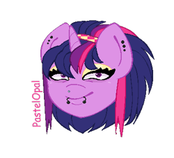 Size: 392x357 | Tagged: safe, artist:pastelopal, artist:seaprincessopal, imported from derpibooru, twilight sparkle, alicorn, pony, alternate hairstyle, bust, ear piercing, earring, eyeshadow, female, hairband, jewelry, lip piercing, makeup, mare, nose piercing, piercing, scene kid, simple background, solo, transparent background, twilight sparkle (alicorn)