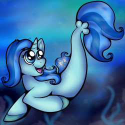 Size: 1000x1000 | Tagged: safe, artist:fishiewishes, imported from derpibooru, oc, oc only, pony, seapony (g4), unicorn, blue eyes, blue mane, bubble, dorsal fin, fins, fish tail, flowing tail, horn, looking up, ocean, open mouth, open smile, seaponified, seaweed, smiling, solo, species swap, swimming, tail, underwater, water