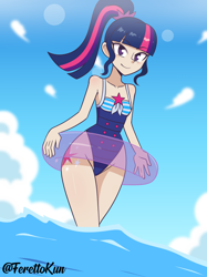 Size: 1000x1337 | Tagged: safe, artist:ferettokun, imported from derpibooru, sci-twi, twilight sparkle, equestria girls, equestria girls series, forgotten friendship, bare shoulders, beach, blushing, clothes, hips, inner tube, sci-twi swimsuit, sleeveless, solo, swimsuit, wide hips