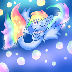 Size: 1000x1000 | Tagged: safe, artist:doraeartdreams-aspy, imported from derpibooru, rainbow dash, pegasus, pony, seapony (g4), bubble, female, fin wings, fish tail, flowing tail, jewelry, looking at you, multicolored hair, necklace, ocean, one eye closed, pearl necklace, pink eyes, seaponified, seapony rainbow dash, smiling, solo, species swap, tail, underwater, water, wings, wink