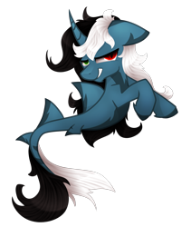 Size: 1276x1513 | Tagged: safe, artist:zmei-kira, imported from derpibooru, oc, oc only, hybrid, original species, pony, seapony (g4), shark, shark pony, unicorn, dorsal fin, fish tail, flowing tail, grin, horn, seaponified, simple background, smiling, solo, species swap, tail, teeth, transparent background