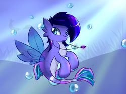 Size: 1600x1200 | Tagged: safe, artist:yugioh1911, imported from derpibooru, oc, oc only, dolphin, fish, seapony (g4), blue eyes, blue mane, bubble, crepuscular rays, dorsal fin, fin wings, fins, fish tail, jewelry, necklace, ocean, seaweed, solo, sunlight, swimming, tail, underwater, water, wings