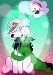 Size: 2480x3508 | Tagged: safe, artist:mrkat7214, imported from derpibooru, oc, oc only, oc:lupi, oc:lupiarts, oc:snoopy stallion, earth pony, pony, unicorn, blush sticker, blushing, cute, earth pony oc, eyes closed, female, frown, glasses, grumpy, heart, high res, horn, hug, male, shipping, smiling, straight, thought bubble, unamused, unicorn oc