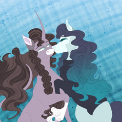 Size: 1280x1280 | Tagged: safe, artist:inisealga, imported from derpibooru, coloratura, rarity, pony, unicorn, alternate design, braid, cheek kiss, clothes, cloven hooves, curved horn, female, horn, kiss on the cheek, kissing, lesbian, markings, rara, rarararara, raraty, shipping, sweater, turtleneck, unshorn fetlocks, wavy mane