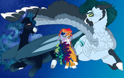 Size: 1280x811 | Tagged: safe, artist:inisealga, imported from derpibooru, princess luna, rainbow dash, soarin', alicorn, bat pony, pegasus, bat wings, clothes, fangs, markings, redesign, soarlunadash, sweater, wings