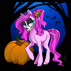 Size: 1979x1958 | Tagged: safe, artist:opalacorn, imported from derpibooru, oc, oc only, oc:violet ray, bat, earth pony, pony, bedroom eyes, bone, commission, cutie mark, eyeshadow, forest, hairclip, makeup, night, pumpkin, solo, tongue out