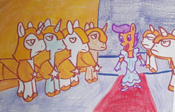 Size: 1280x825 | Tagged: safe, artist:dex stewart, imported from derpibooru, scootaloo, anthro, earth pony, pegasus, pony, unicorn, cinderella, clothes, dress, guard, traditional art