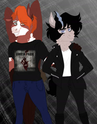 Size: 1280x1632 | Tagged: safe, artist:inisealga, imported from derpibooru, oc, oc only, oc:figment, oc:mocha frost, anthro, draconequus, pony, clothes, female, jacket, jeans, leather jacket, linkin park, male, markings, pants