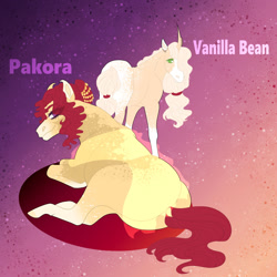 Size: 1280x1280 | Tagged: safe, artist:inisealga, imported from derpibooru, oc, oc only, oc:pakora, oc:vanilla bean, earth pony, unicorn, abstract background, duo, magical lesbian spawn, markings, next generation, nextgen:inisverse, offspring, parent:applejack, parent:saffron masala, parents:applemasala