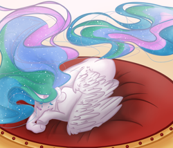 Size: 1400x1200 | Tagged: safe, artist:xxfrancydonxx, imported from derpibooru, princess celestia, alicorn, pony, crying, ethereal mane, ethereal tail, missing accessory, pillow, solo