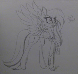 Size: 1855x1756 | Tagged: safe, artist:donnie-moon, imported from derpibooru, oc, oc only, pegasus, pony, eyelashes, female, lineart, mare, pegasus oc, raised hoof, signature, solo, traditional art, wings