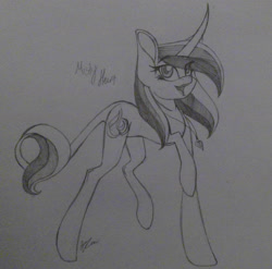 Size: 1717x1695 | Tagged: safe, artist:donnie-moon, imported from derpibooru, oc, oc only, pony, unicorn, eyelashes, female, grayscale, horn, leonine tail, mare, monochrome, raised hoof, smiling, solo, traditional art, unicorn oc