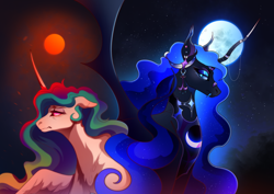 Size: 2500x1769 | Tagged: safe, artist:pumpkabooo, imported from derpibooru, princess celestia, princess luna, alicorn, ear piercing, earring, eyeshadow, fangs, female, horn, horn jewelry, horn ring, implied nightmare moon, jewelry, makeup, moon, peytral, piercing, ring, royal sisters, siblings, sisters, story included, sun, the night will last forever