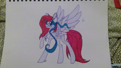Size: 3264x1836 | Tagged: safe, artist:donnie-moon, imported from derpibooru, oc, oc only, oc:ren, pegasus, pony, female, mare, pegasus oc, raised hoof, smiling, solo, sombra eyes, traditional art, wings