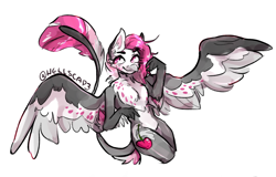 Size: 1320x843 | Tagged: safe, artist:lunaraesthetic, imported from derpibooru, oc, oc only, oc:cherry feather, anthro, hippogriff, barbie doll anatomy, chest fluff, female, leonine tail, looking away, pale belly, solo, spread wings, tail fluff, white belly, wings