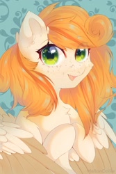 Size: 1366x2048 | Tagged: safe, artist:melloncollie-chan, imported from derpibooru, oc, oc only, pegasus, pony, chest fluff, freckles, looking at you, smiling, solo, spread wings, wings