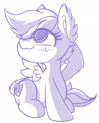 Size: 1568x1940 | Tagged: safe, artist:zzzsleepy, imported from derpibooru, scootaloo, pegasus, pony, blushing, ear fluff, female, filly, monochrome, raised hoof, sitting, sketch, smiling, solo