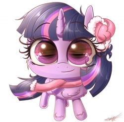 Size: 1260x1245 | Tagged: safe, artist:phoenixrk49, imported from derpibooru, twilight sparkle, pony, unicorn, chest fluff, chibi, clothes, cute, earmuffs, female, looking at you, mare, remake, scarf, simple background, smiling, solo, twiabetes