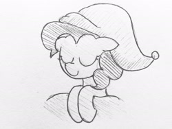 Size: 2448x1836 | Tagged: safe, pinkie pie, earth pony, pony, bed, drawthread, eyes closed, hat, monochrome, nightcap, saafe, sleeping, smiling, traditional art