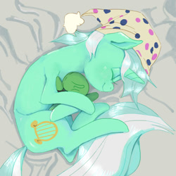 Size: 1500x1500 | Tagged: safe, artist:rirurirue, lyra heartstrings, oc, oc:anon, pony, unicorn, bed, doll, drawthread, eyes closed, female, hat, hug, mare, nightcap, sleeping, smiling, solo, toy