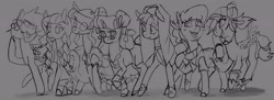 Size: 4494x1628 | Tagged: safe, artist:rirurirue, imported from derpibooru, oc, oc only, oc:friday, oc:monday, oc:saturday, oc:sunday, oc:thursday, oc:tuesday, oc:twosday, oc:wednesday, earth pony, pegasus, pony, unicorn, clothes, drawthread, female, glasses, hat, mare, monochrome, open mouth, simple background, smiling, weekday ponies